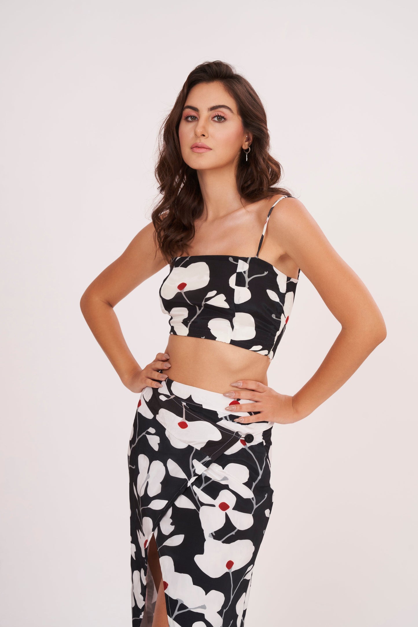 Premium quality crepe spaghetti crop top, hugging curves for an edgy, modern look on a night out or casual date.