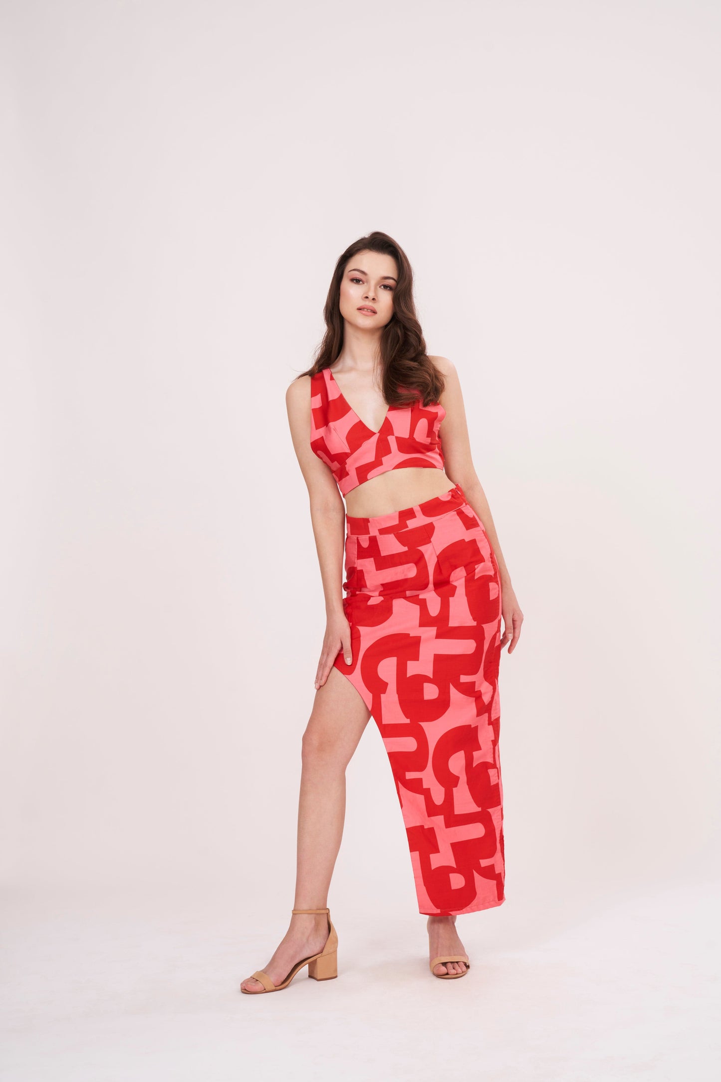 Summer v-neck crop top made from muslin fabric with intricate geometric design.