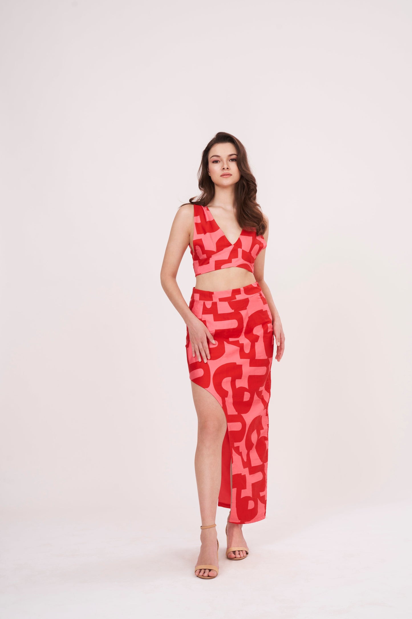 Summer v-neck crop top made from muslin fabric with intricate geometric design.