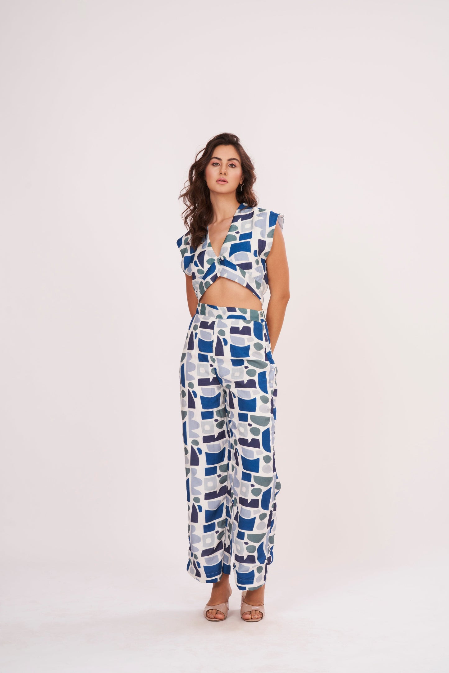 Image of parallel trousers with bold geometric design made from premium muslin fabric. Comfortable, stylish, and roomy fit.