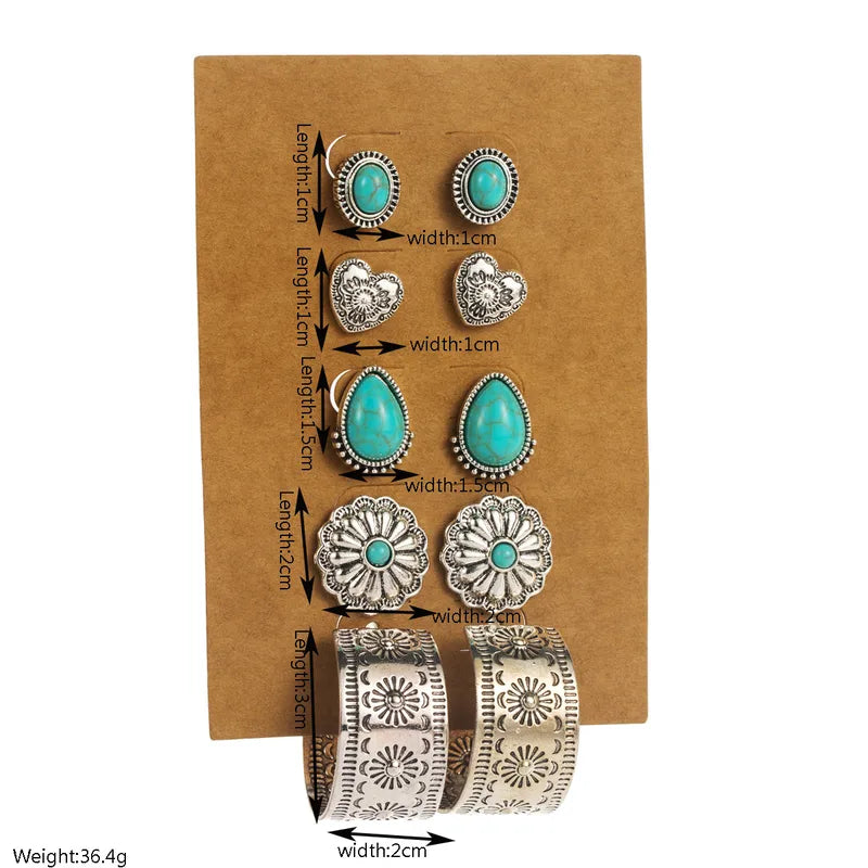 Turquoise Flower Drop Earrings and antique silver stud set