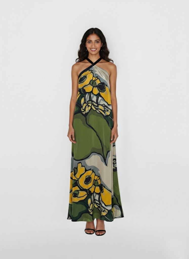Golden Meadow Crepe Halter Neck Maxi Dress