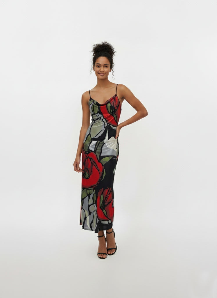 Scarlet Bloom Crepe Cowl Slip Dress