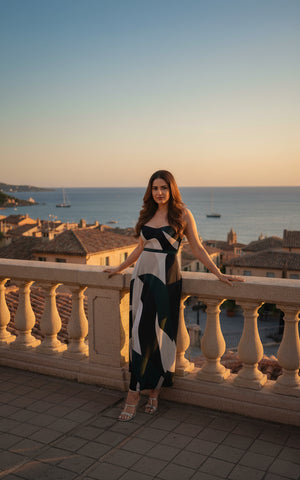 Captured against a scenic coastal backdrop, this elegant style embodies the spirit of vacation romance, making it ideal for sunset dinners or resort getaways.