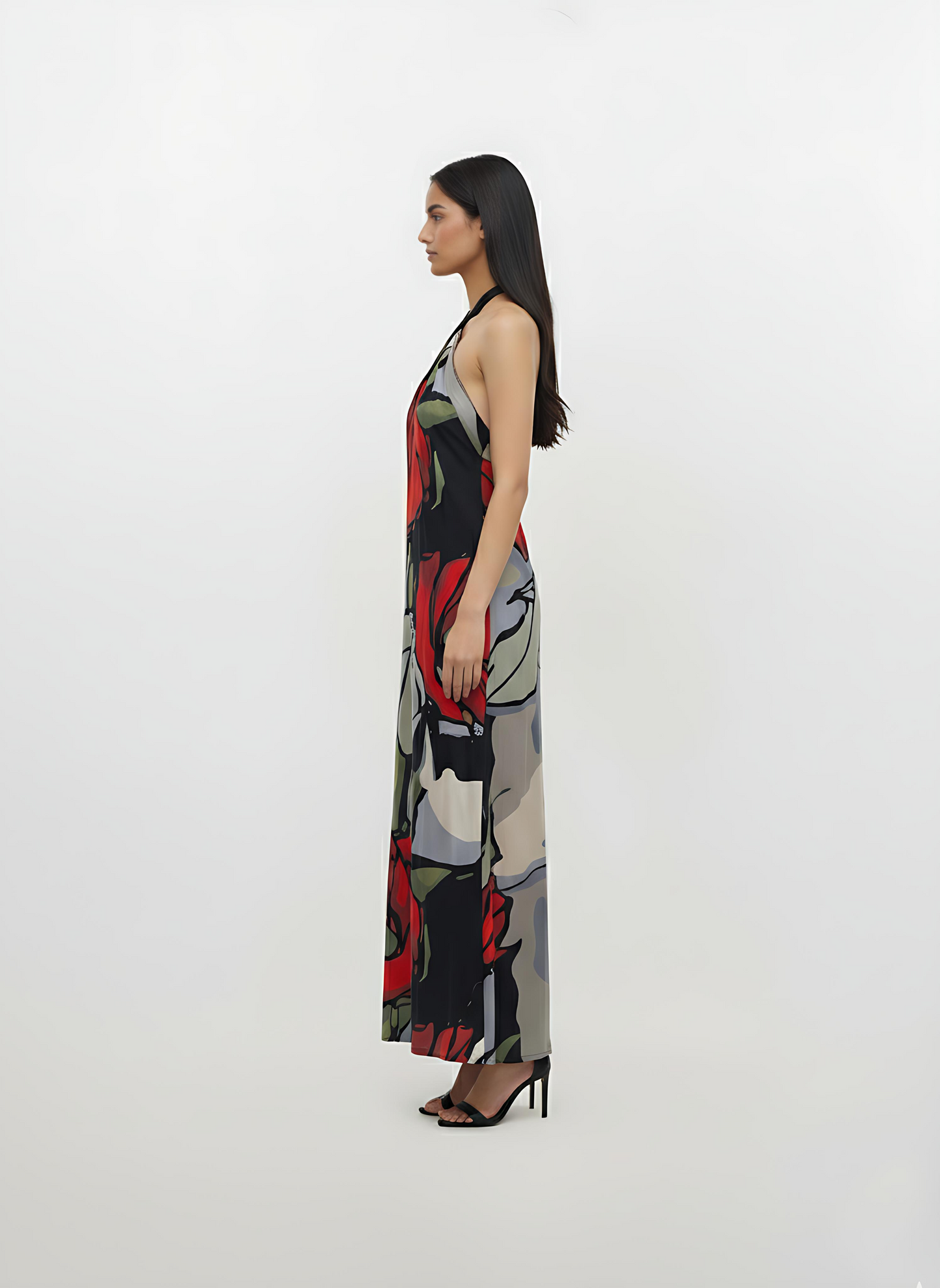 Crimson Bloom Crepe Halter Neck Maxi Dress