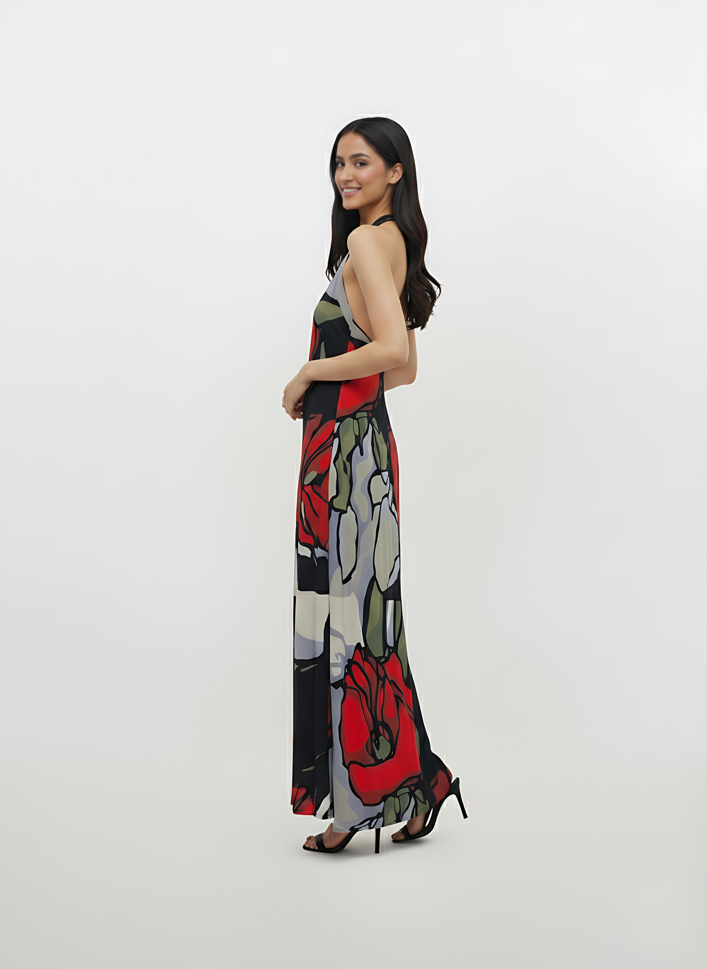 Crimson Bloom Crepe Halter Neck Maxi Dress