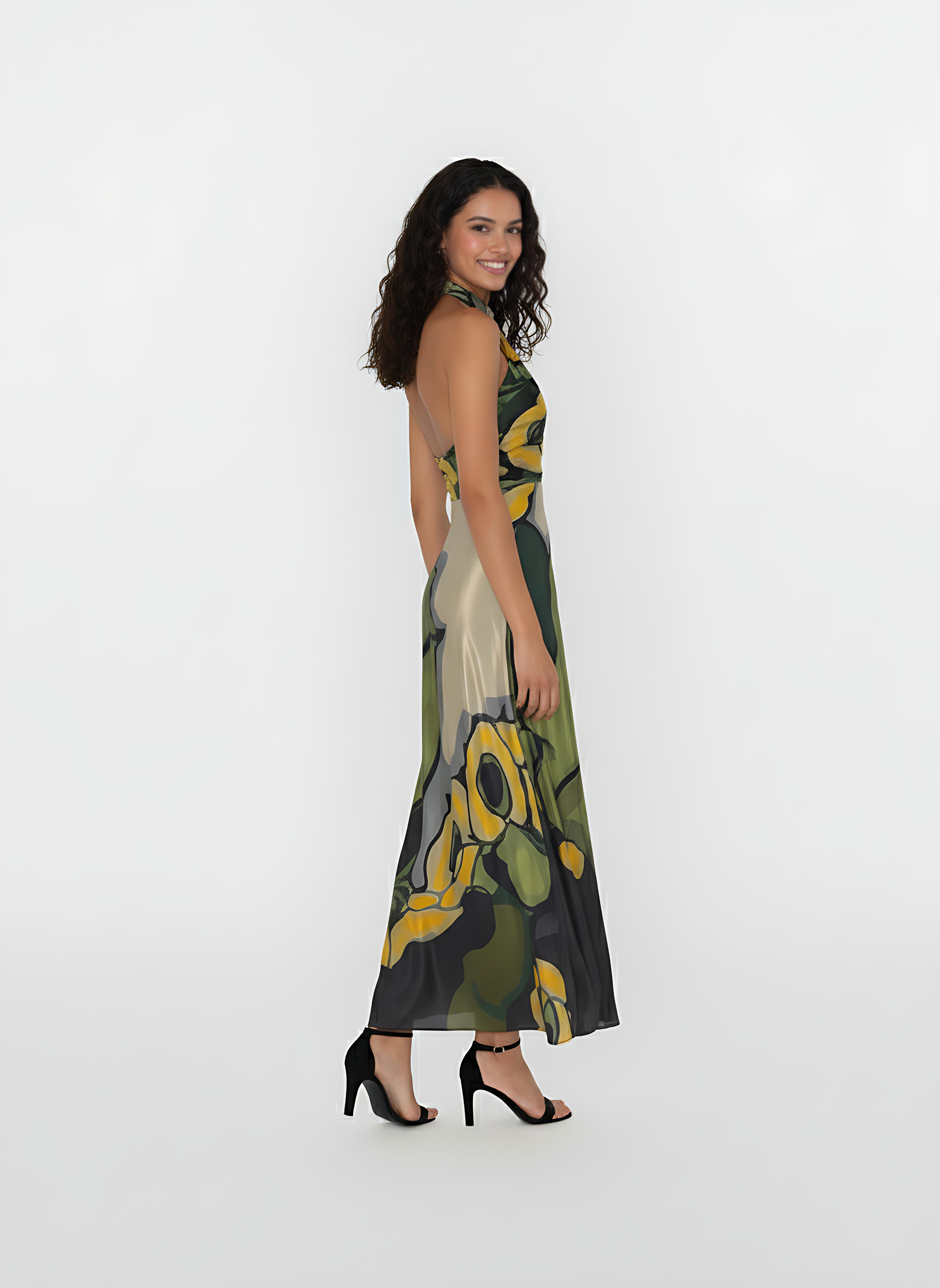 Golden Flora Halter Dress
