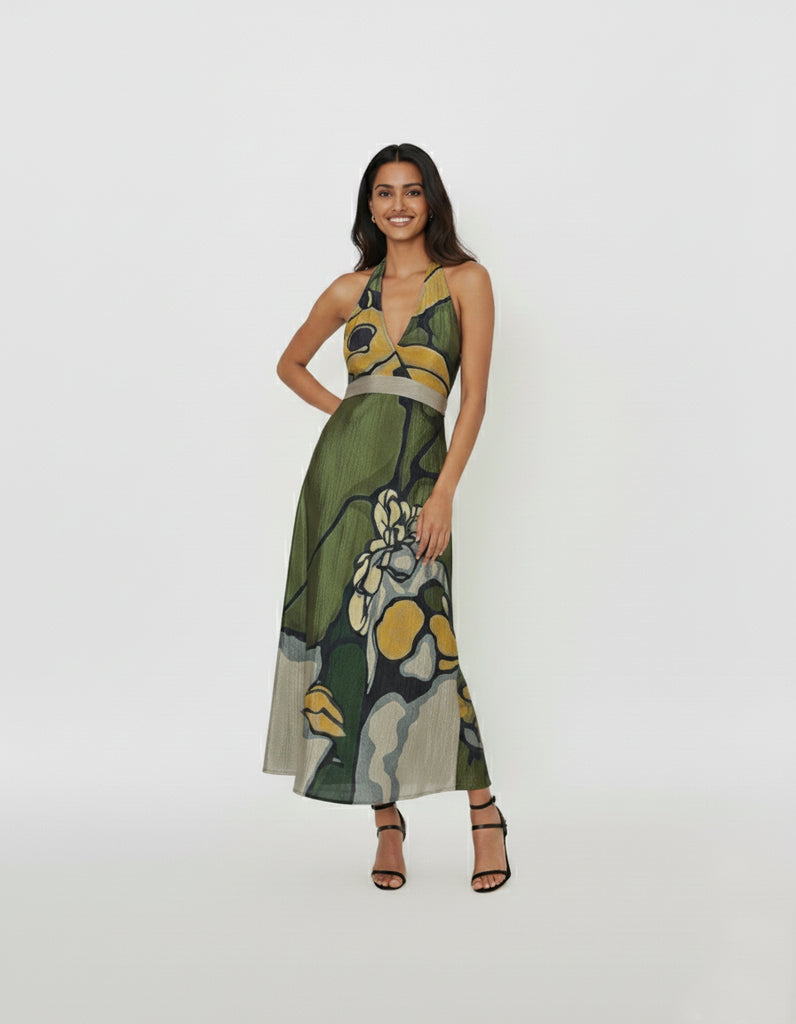 Verdant Bloom Crepe Halter Dress