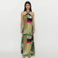 Flowy crepe maxi dress with multicolored abstract brushstroke print and tie-up halter neck