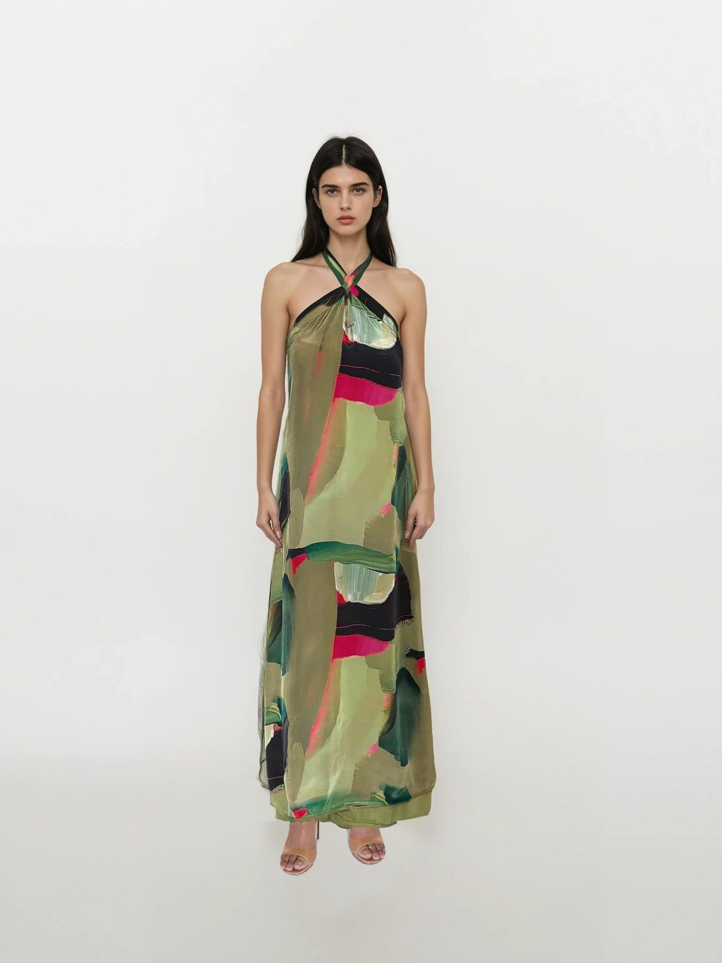 Flowy crepe maxi dress with multicolored abstract brushstroke print and tie-up halter neck