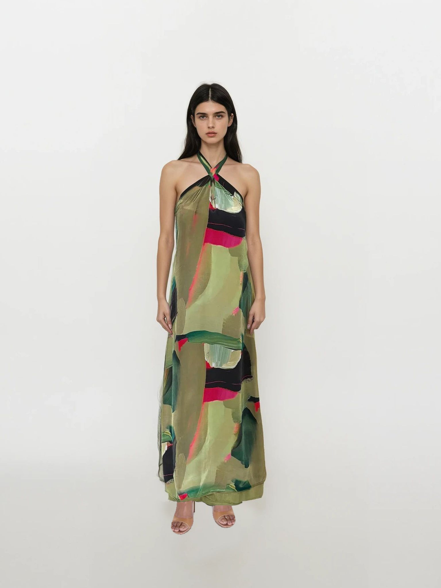 Flowy crepe maxi dress with multicolored abstract brushstroke print and tie-up halter neck