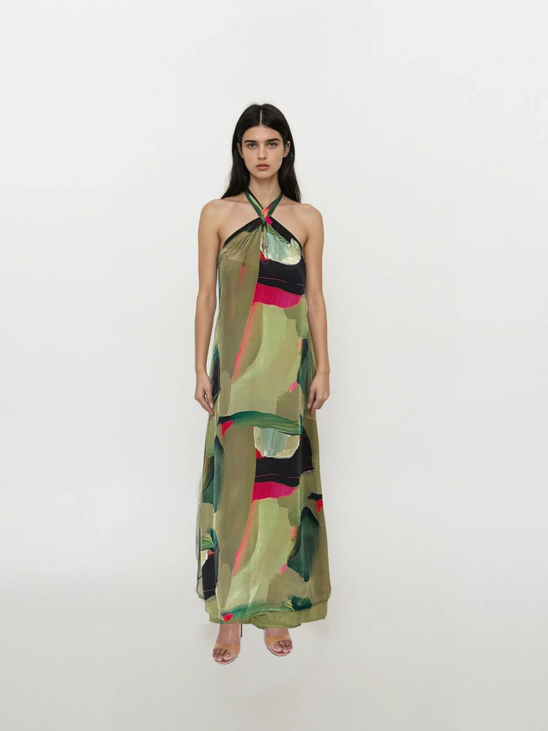 Flowy crepe maxi dress with multicolored abstract brushstroke print and tie-up halter neck