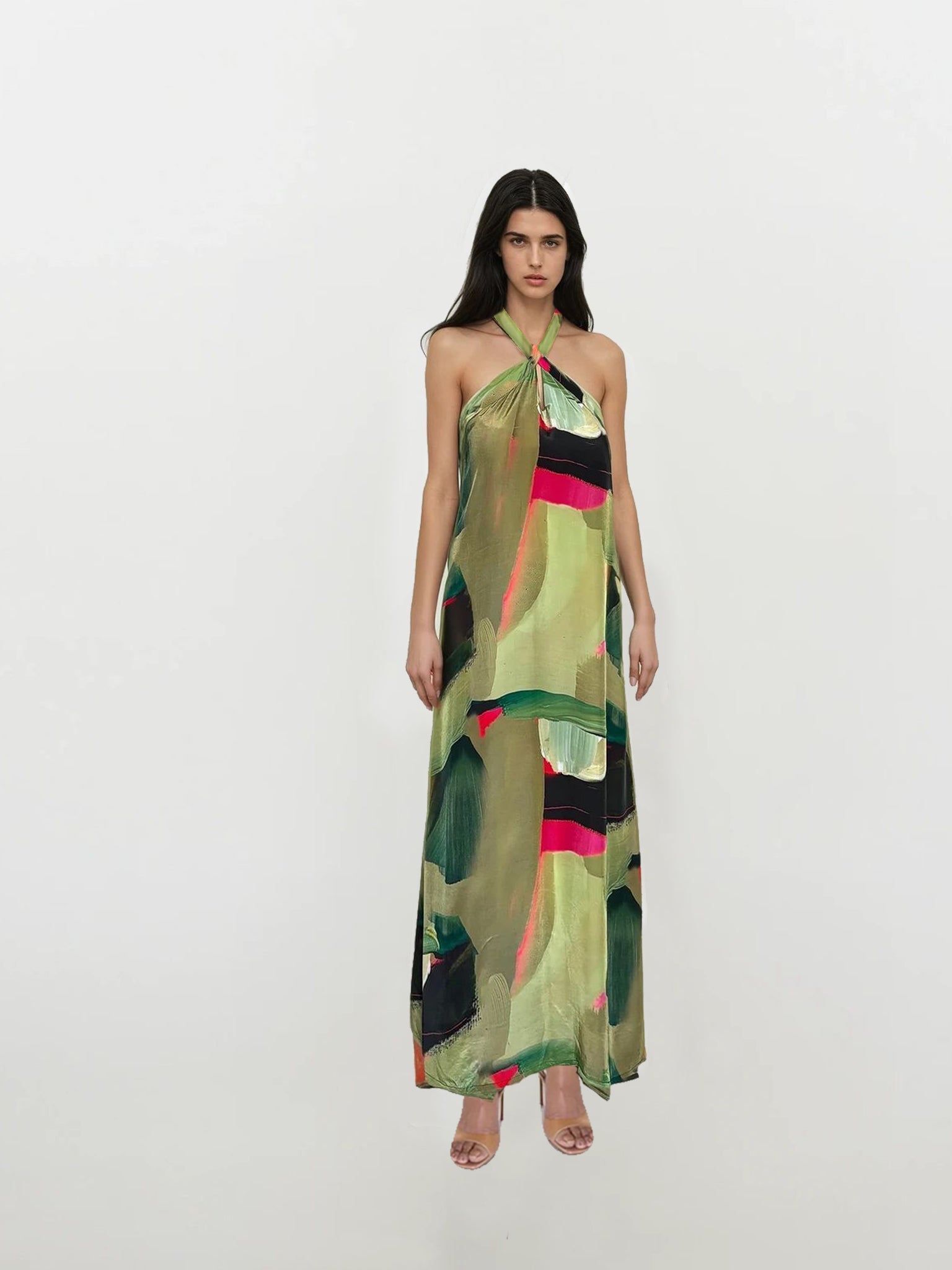 Full-length abstract printed maxi dress in crepe with flowy silhouette and bohemian style