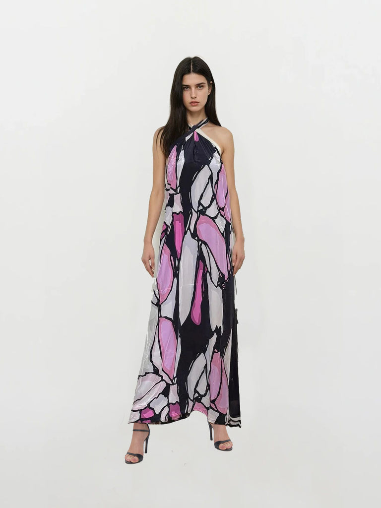 Crepe halter neck maxi dress with abstract print in lilac, pink, black, and white