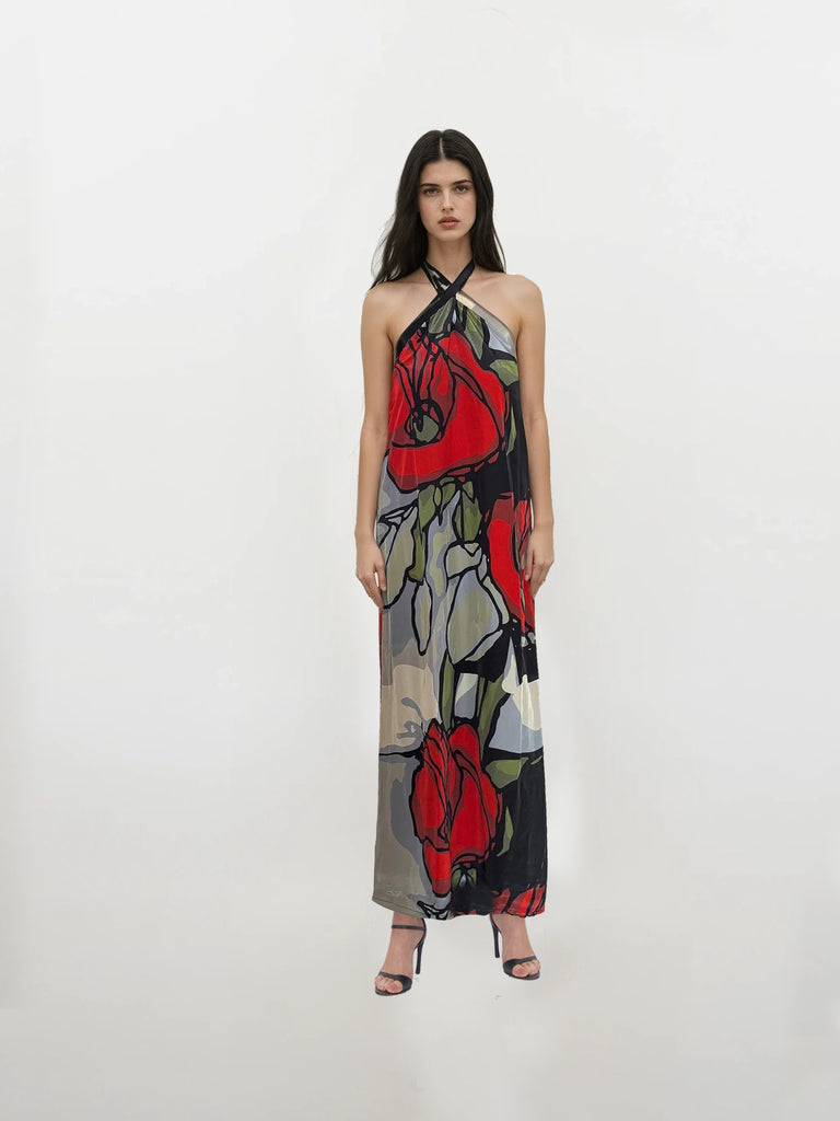 Crepe halter neck maxi dress with oversized crimson floral abstract print