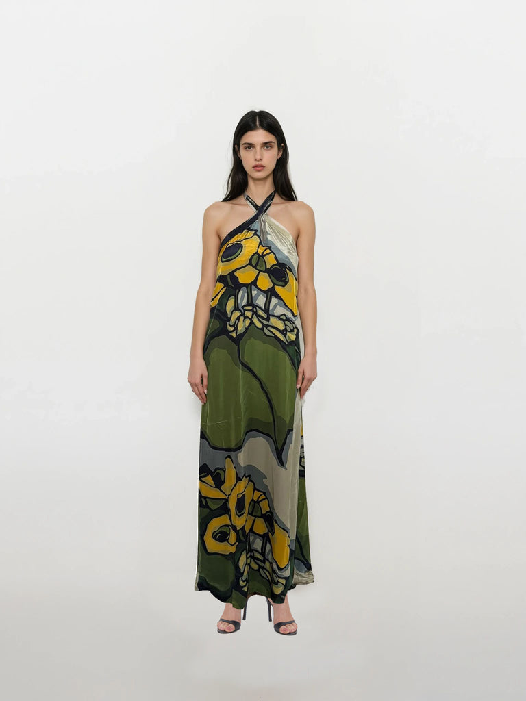 Golden Meadow Halter Neck Maxi Dress in crepe with bold yellow floral abstract print