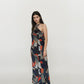Chinon blend halter maxi dress with tie detail and multicolor abstract print in earthy vibrant tones