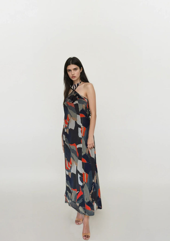 Chinon blend halter maxi dress with tie detail and multicolor abstract print in earthy vibrant tones