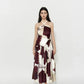 Dupion silk co-ord set with halter knot crop top and high-waist wrap skirt in mocha and cream geometric print