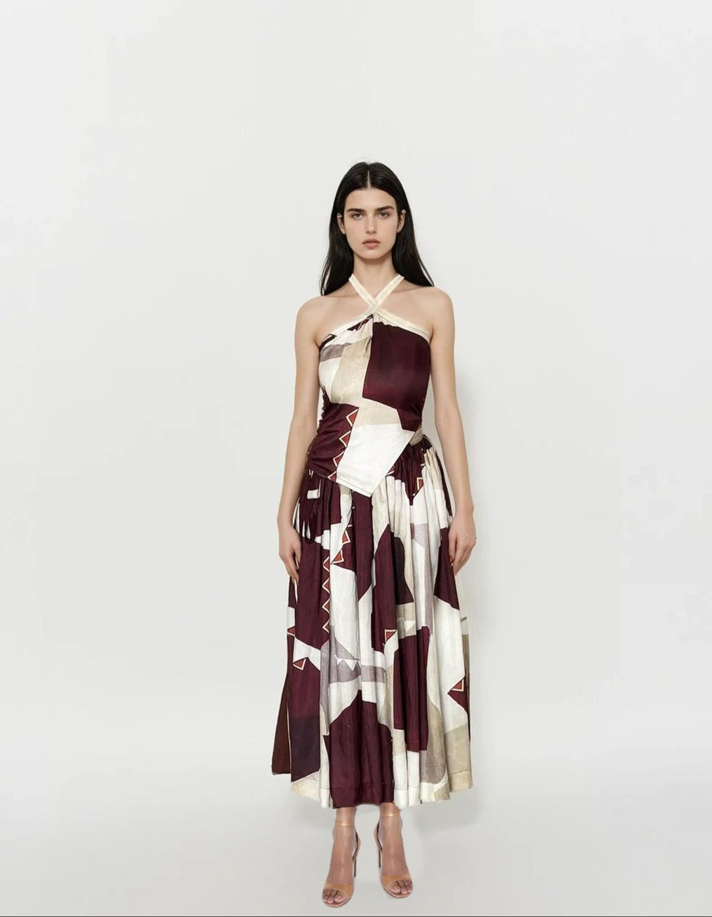 Dupion silk co-ord set with halter knot crop top and high-waist wrap skirt in mocha and cream geometric print