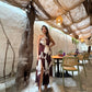 Mocha and cream geometric silk co-ord set with knot halter crop top and high-waist wrap skirt