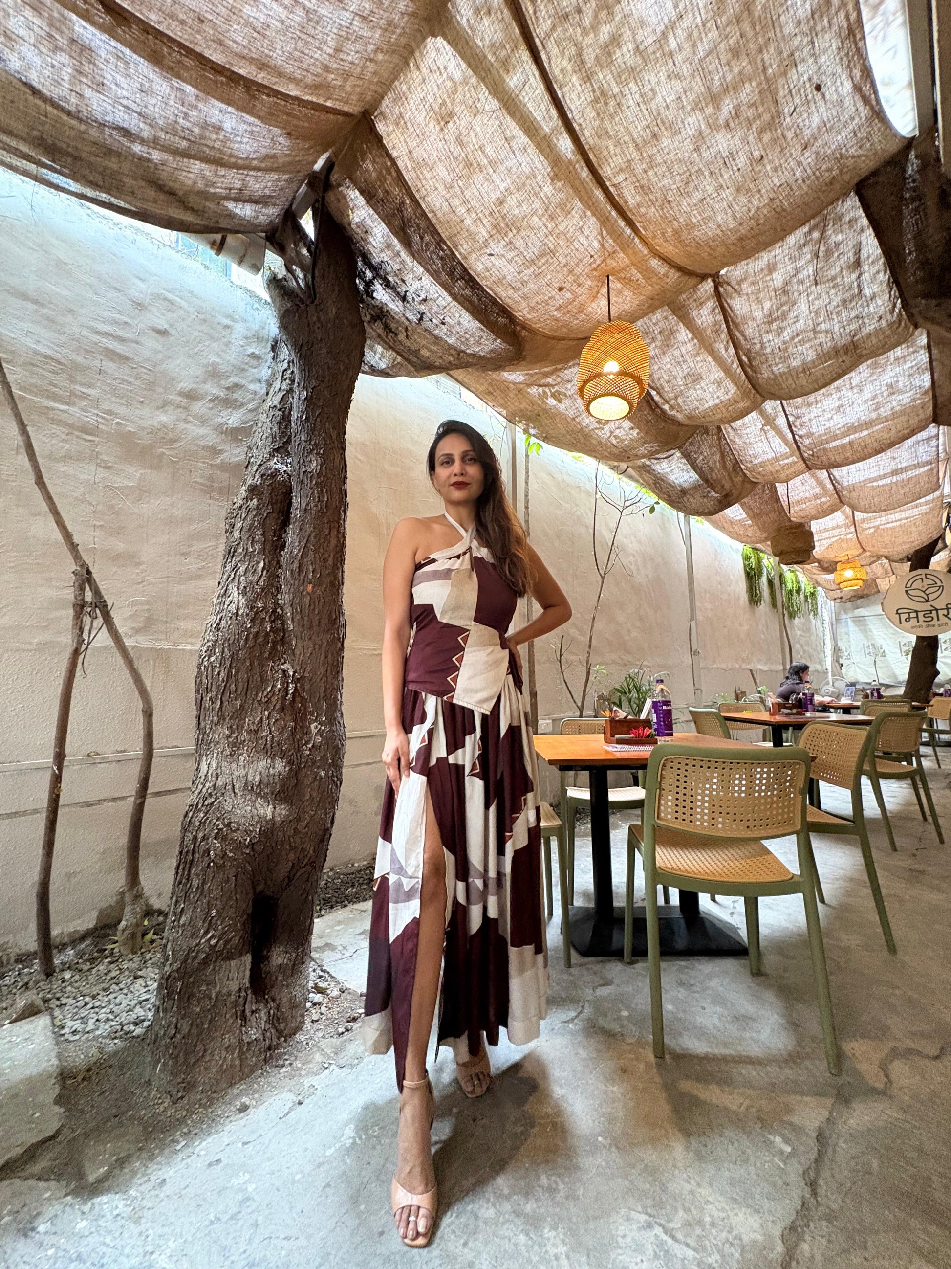 Mocha and cream geometric silk co-ord set with knot halter crop top and high-waist wrap skirt