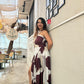 Desert Geometry Silk Wrap Set with knot-detail halter top and tie-up skirt in abstract mocha cream design