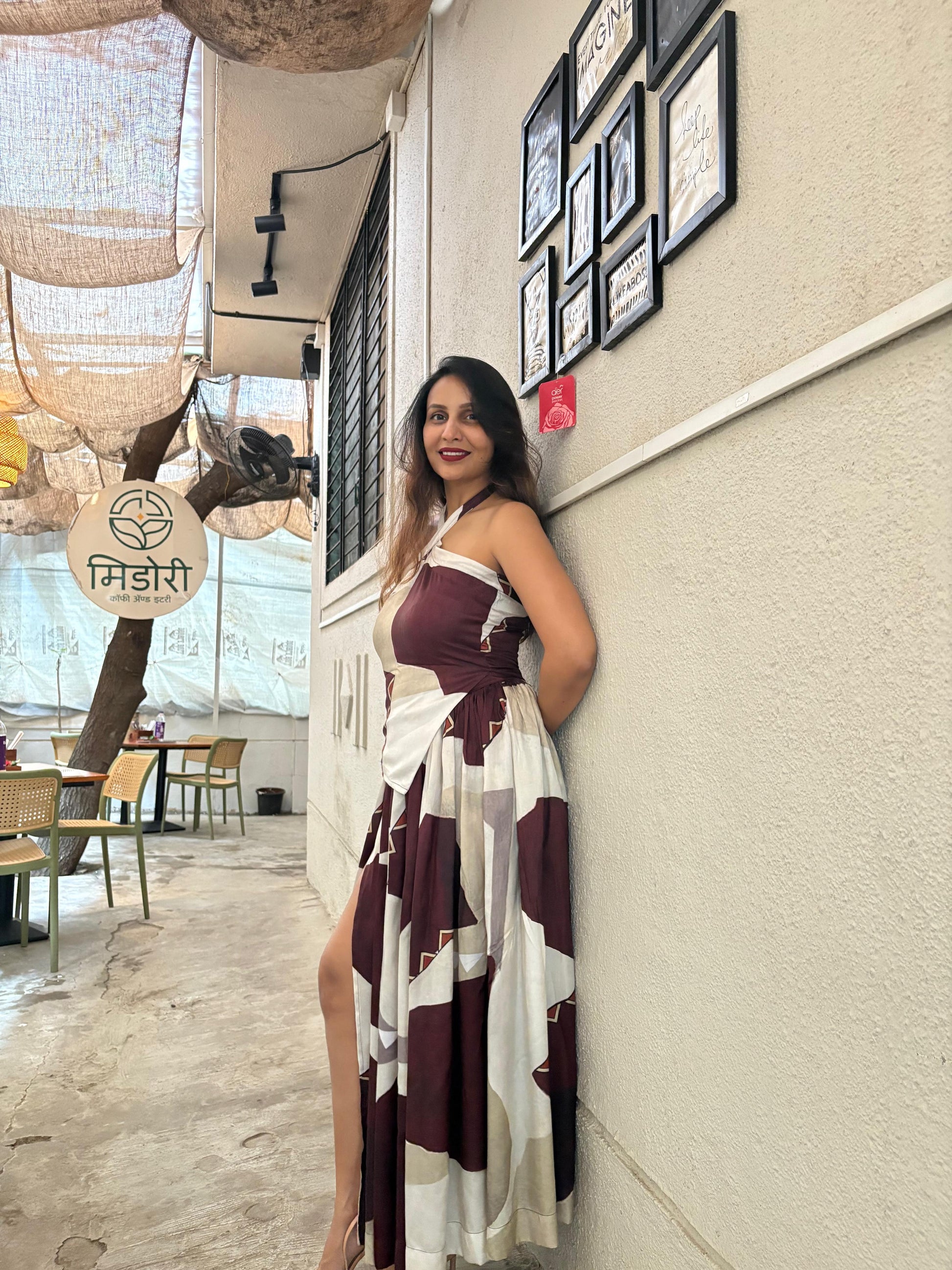 Desert Geometry Silk Wrap Set with knot-detail halter top and tie-up skirt in abstract mocha cream design
