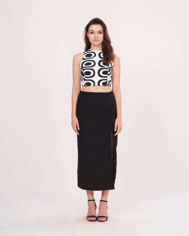 Monochrome two-piece co-ord set ideal for evening wear, combining a graphic bodice with a flowy solid bottom.