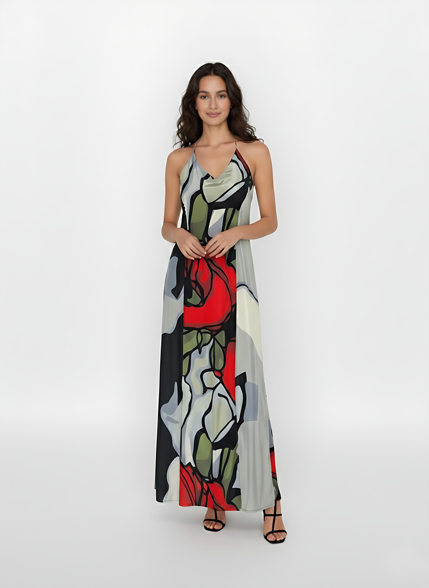 Full-length sleeveless dress featuring a colorful abstract floral pattern, ideal for tropical vacations, garden parties, or elevated resort wear.
