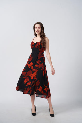 Spaghetti-strap abstract print chinon midi dress, ideal for upscale brunches and elegant gatherings