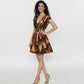 Short fit-and-flare dress with a plunging V-neckline, cap sleeves, and multicolored abstract mosaic print