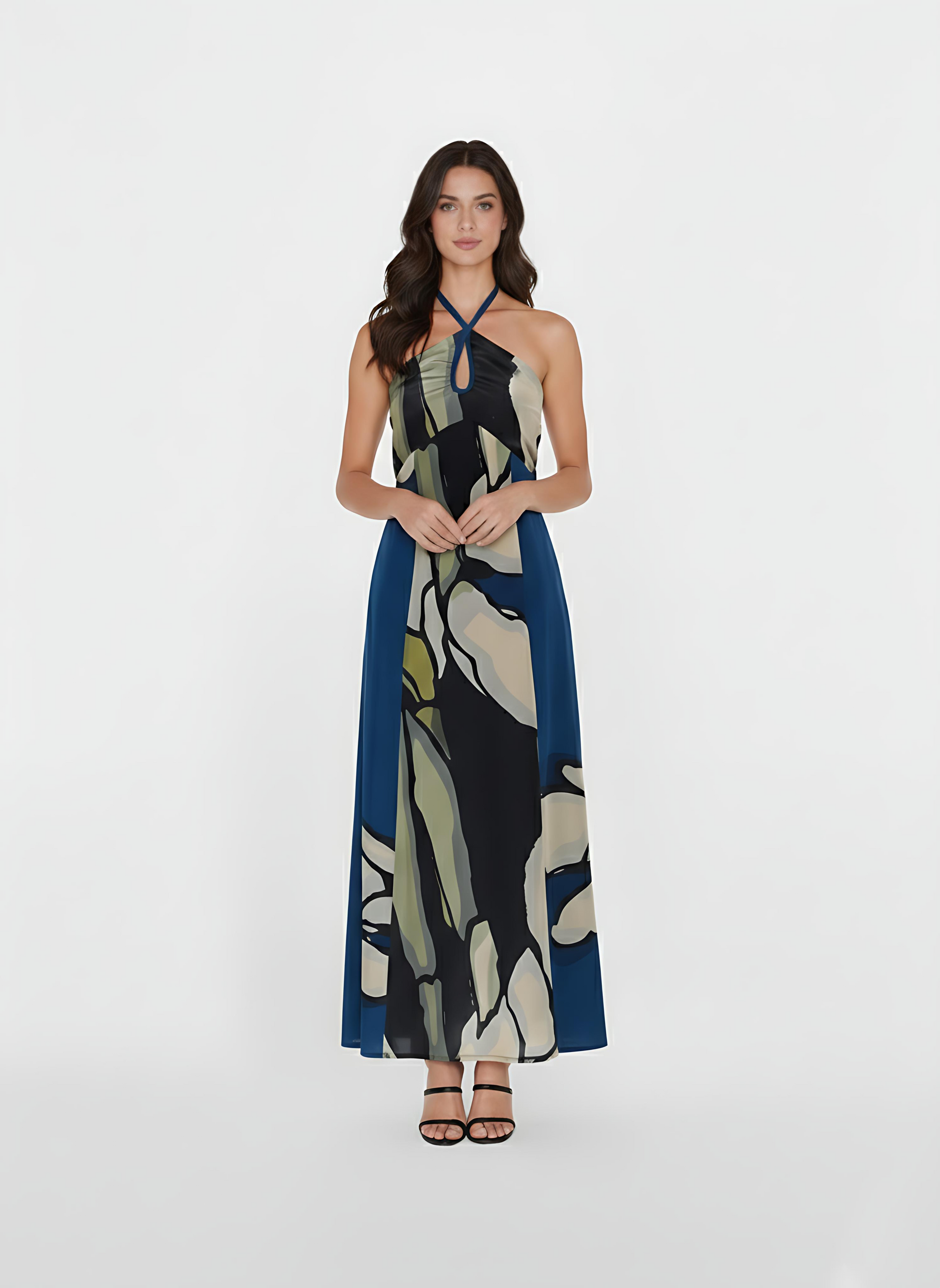 Sleeveless ankle-length crepe dress with an abstract floral print in navy, beige, and cream, featuring a flowing hem and elegant movement.