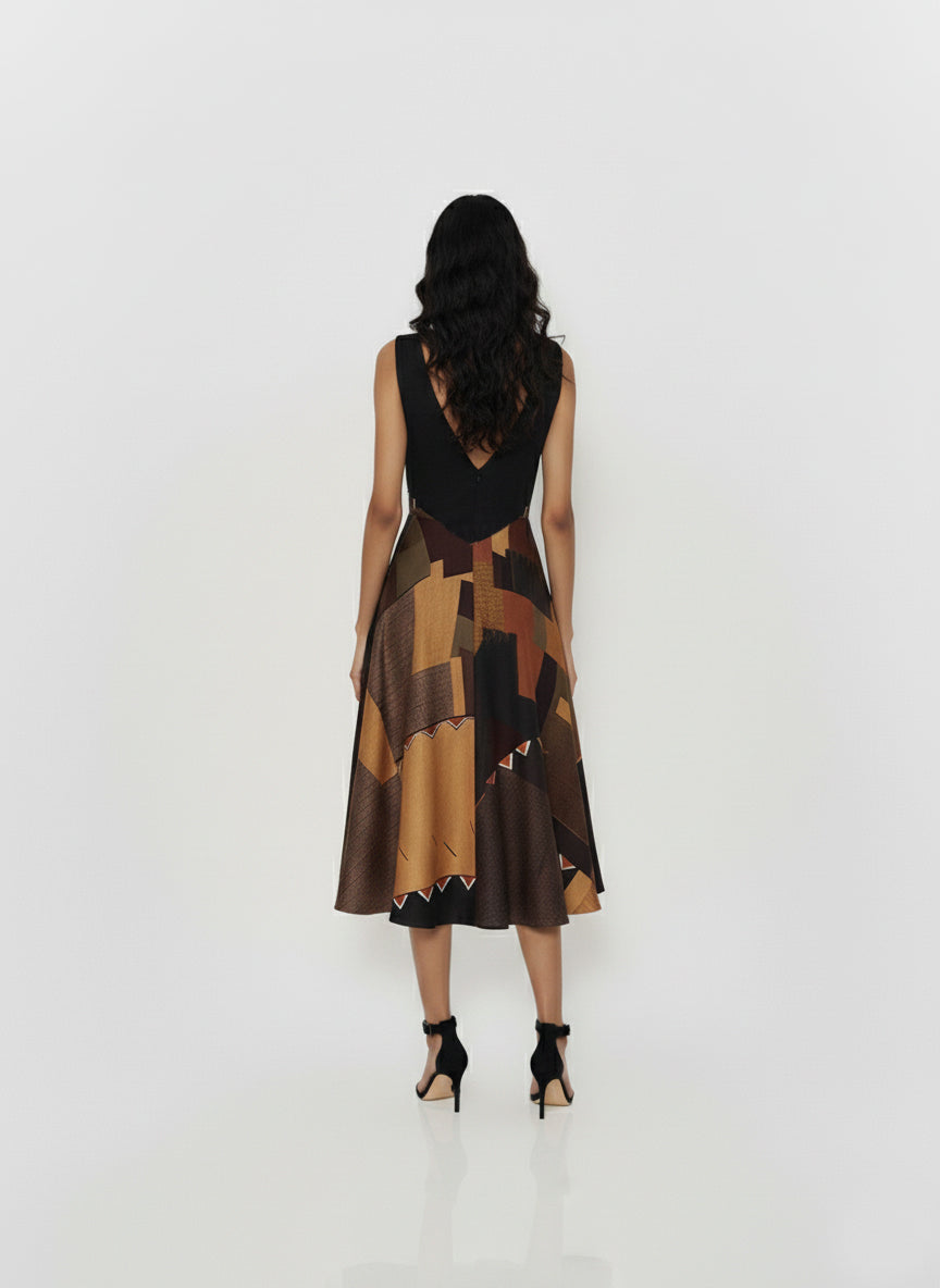 Mid-length sleeveless dress with a seamless back construction and a bold, rhythmic mosaic pattern distributed throughout the skirt.
