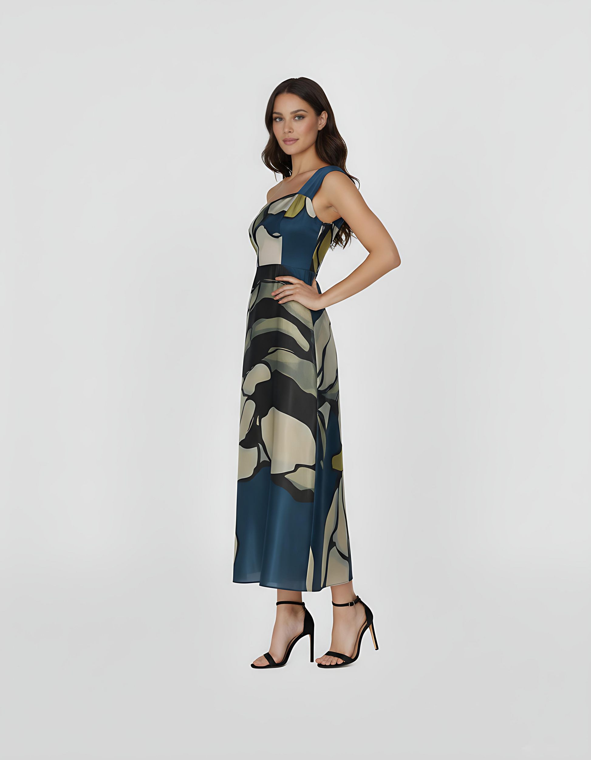 Ankle-length gown with a tailored side fit that highlights the smooth, flowing drape of the fabric in crepe. The large-scale botanical pattern continues seamlessly around the body, offering a sophisticated look for garden parties or elevated resort wear.