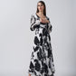 Ankle-length crepe dress with a V-neckline and long sleeves