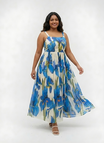 Plus size chinon maxi dress with a fluid, non-clingy silhouette that drapes smoothly over curves with ease