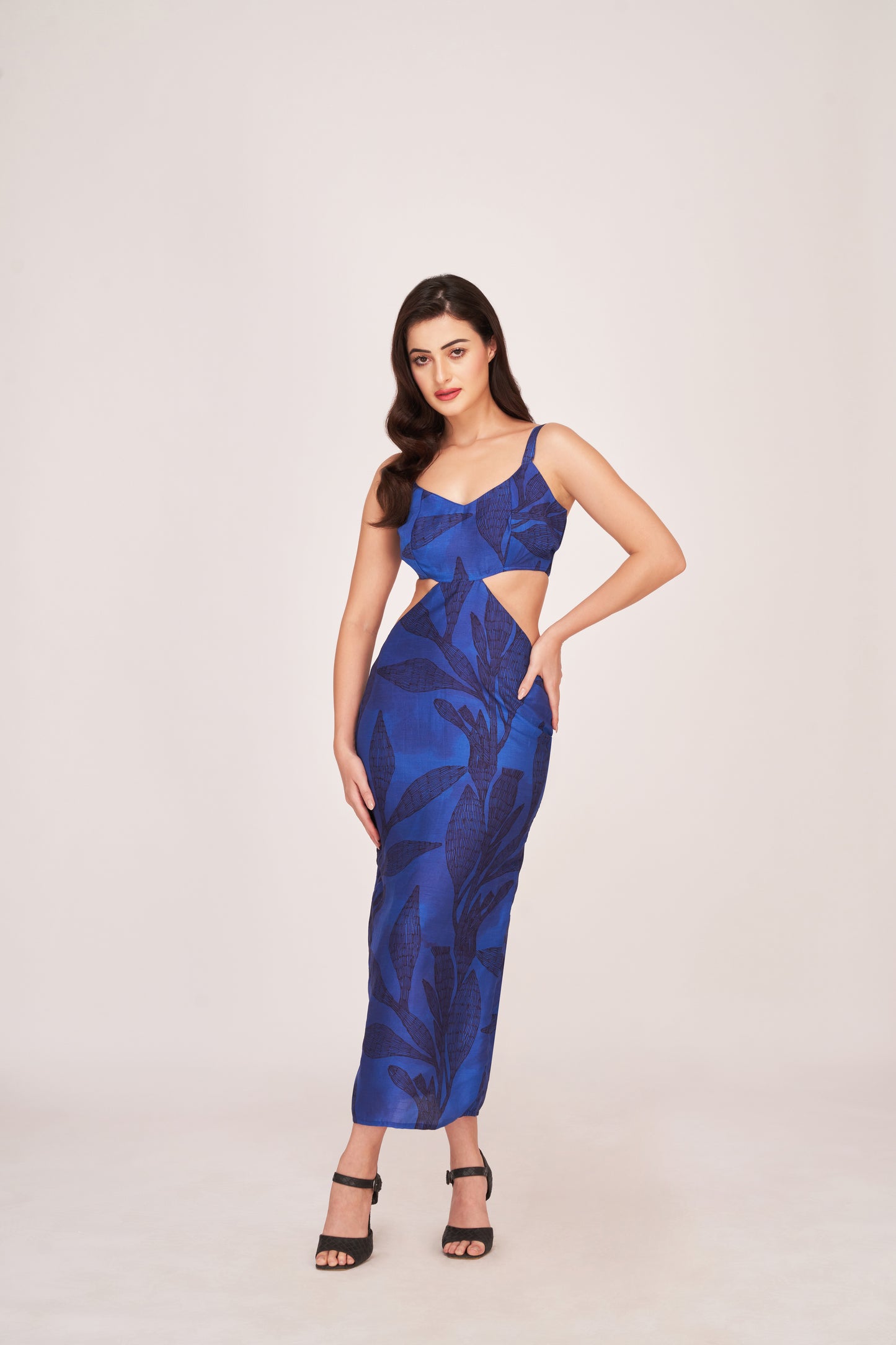 Digitally printed silk midi dress in blue, ideal for casual outings and stylish social gatherings