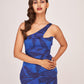 Digitally printed silk midi dress in blue, ideal for evening soirées and special occasions