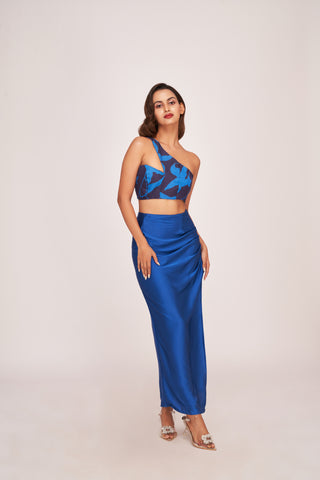 Satin co-ord set featuring a blue one-shoulder top and a matching skirt