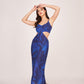 Blue silk midi dress with a V-neckline and slim shoulder straps