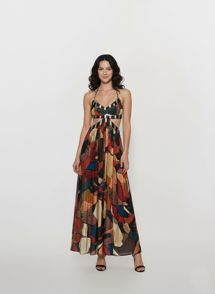 Full-length Bohemian Mosaic Maxi Dress featuring a vibrant, multicolored mosaic-style abstract print and a sophisticated deep V-shape halter neckline.