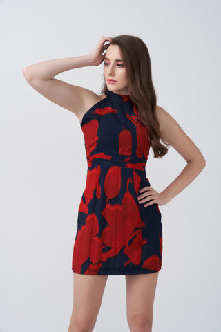 Short halter-neck abstract print dress, ideal for evening gatherings and casual parties