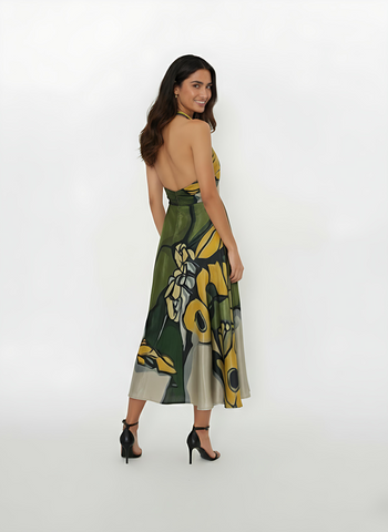 Halter-neck crepe midi dress with an open back, fitted waistband, and a floral abstract print 