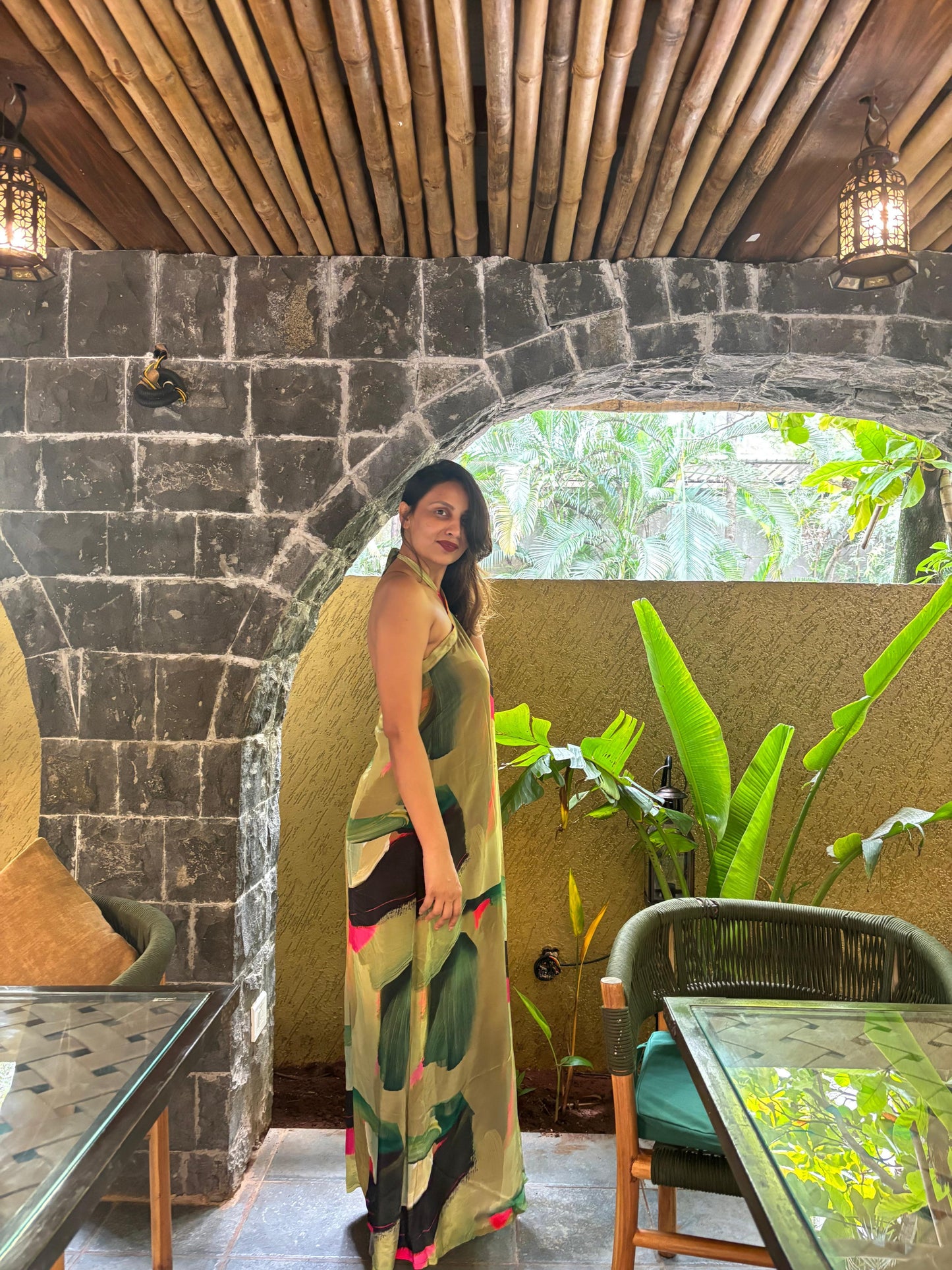 Ankle-length Abstract Grace Maxi Dress with a bold, painterly pattern, perfect for summer evening events, garden parties, or seasonal celebrations.