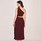 Rear view of the dress showing one-shoulder strap and back zip closure, with full-length silhouette visible.