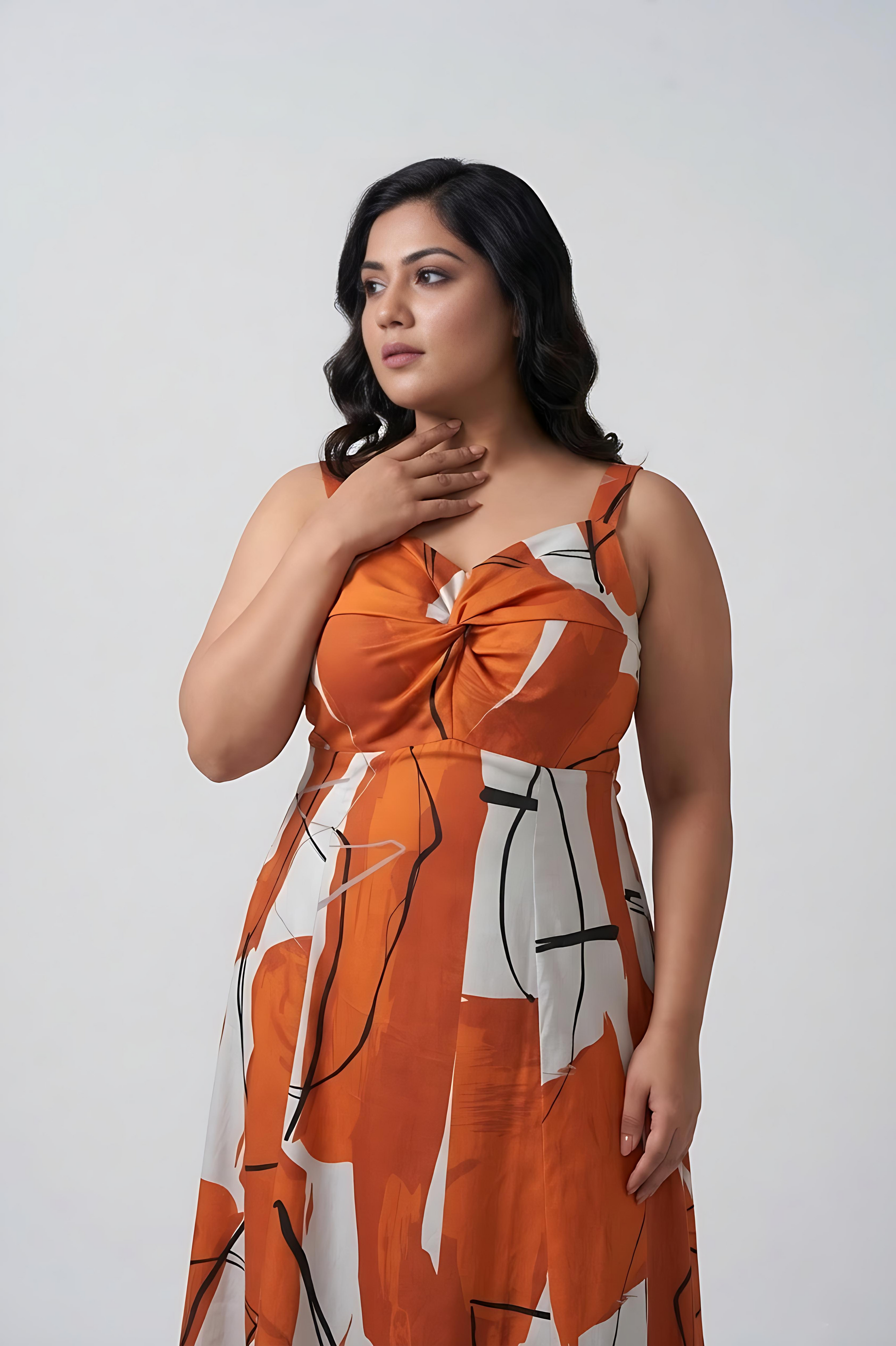 Plus size cotton satin midi dress with a smooth, non-clingy drape that falls comfortably over curves