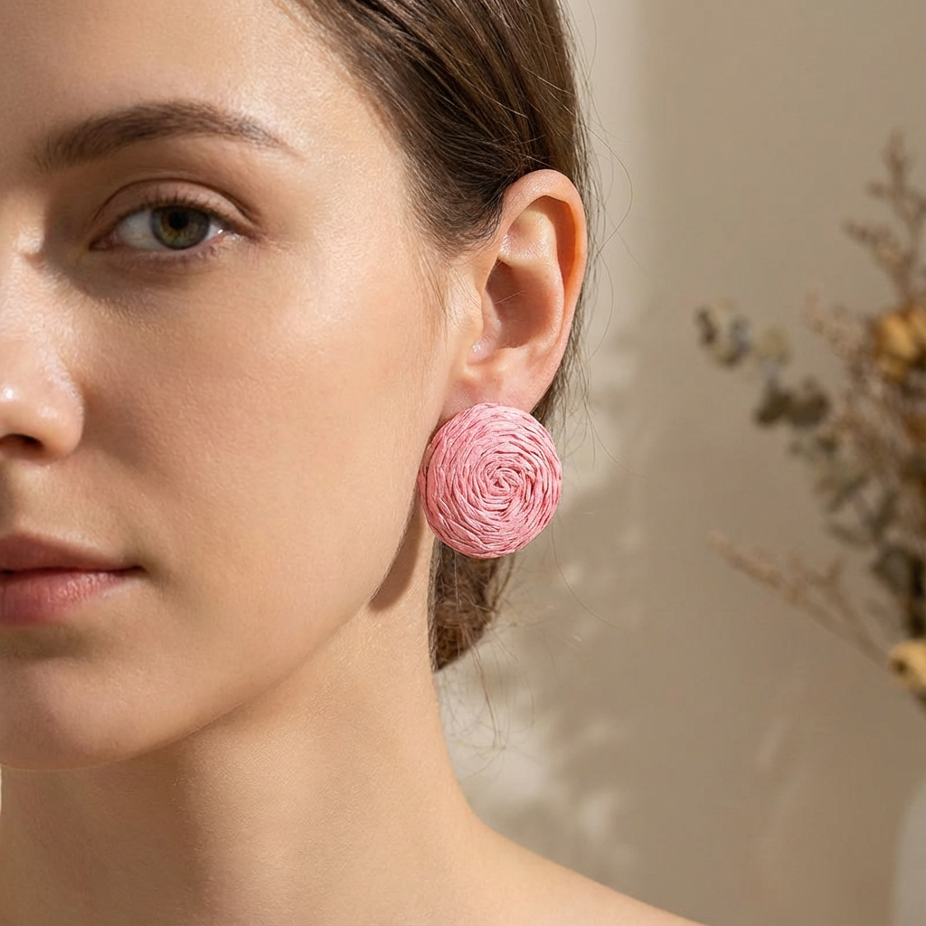 These lightweight pink raffia drops offer a bold, textural look that frames the face beautifully, making them an ideal accessory for a summer garden party or a seaside brunch.