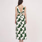 Rear view showcasing the tie-up deep back neck design and relaxed fit of the green printed co-ord set.