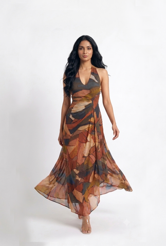 Lightweight Chinon maxi dress featuring a deep V halter neckline, open-back tie detail, and artistic rust, terracotta, olive, and slate blue print.